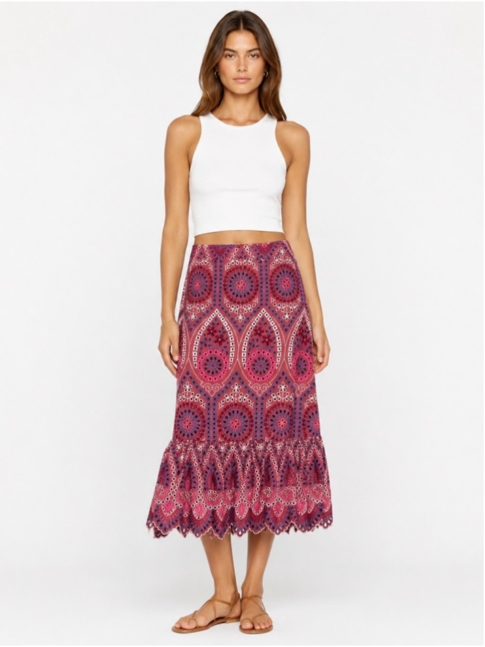 Zara Embroidered Eyelet Midi Skirt Pink Purple Boho Ruffle Hem Size M